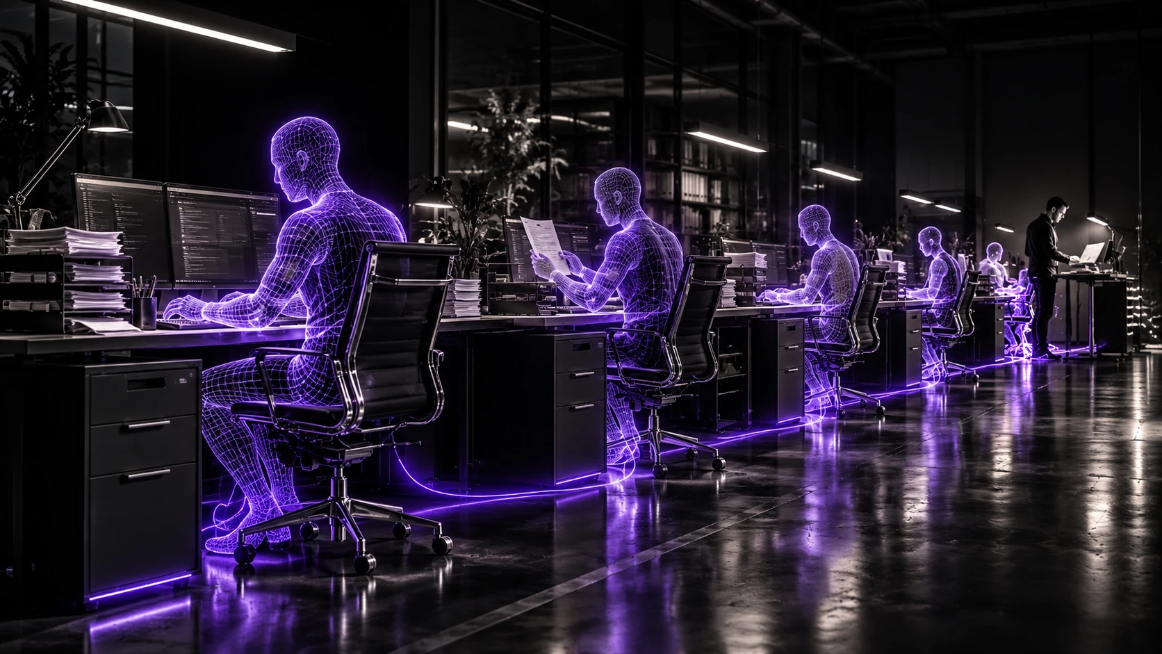 A dark office at night where a row of glowing violet wireframe figures work at desks, linked along the floor by a single thread of light, with one solid person standing at the far end reading a page