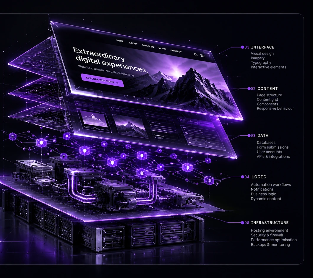 A website shown as five separated layers: interface, content, data, logic and infrastructure, each labelled