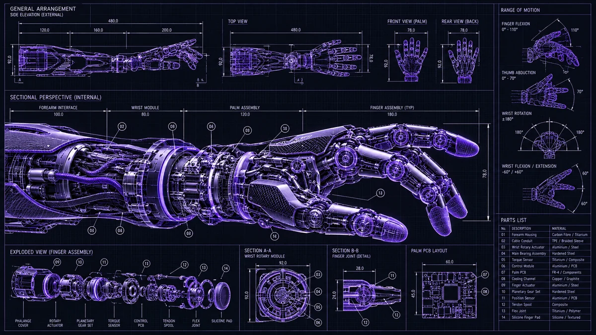 A technical drawing sheet of a robotic hand and forearm