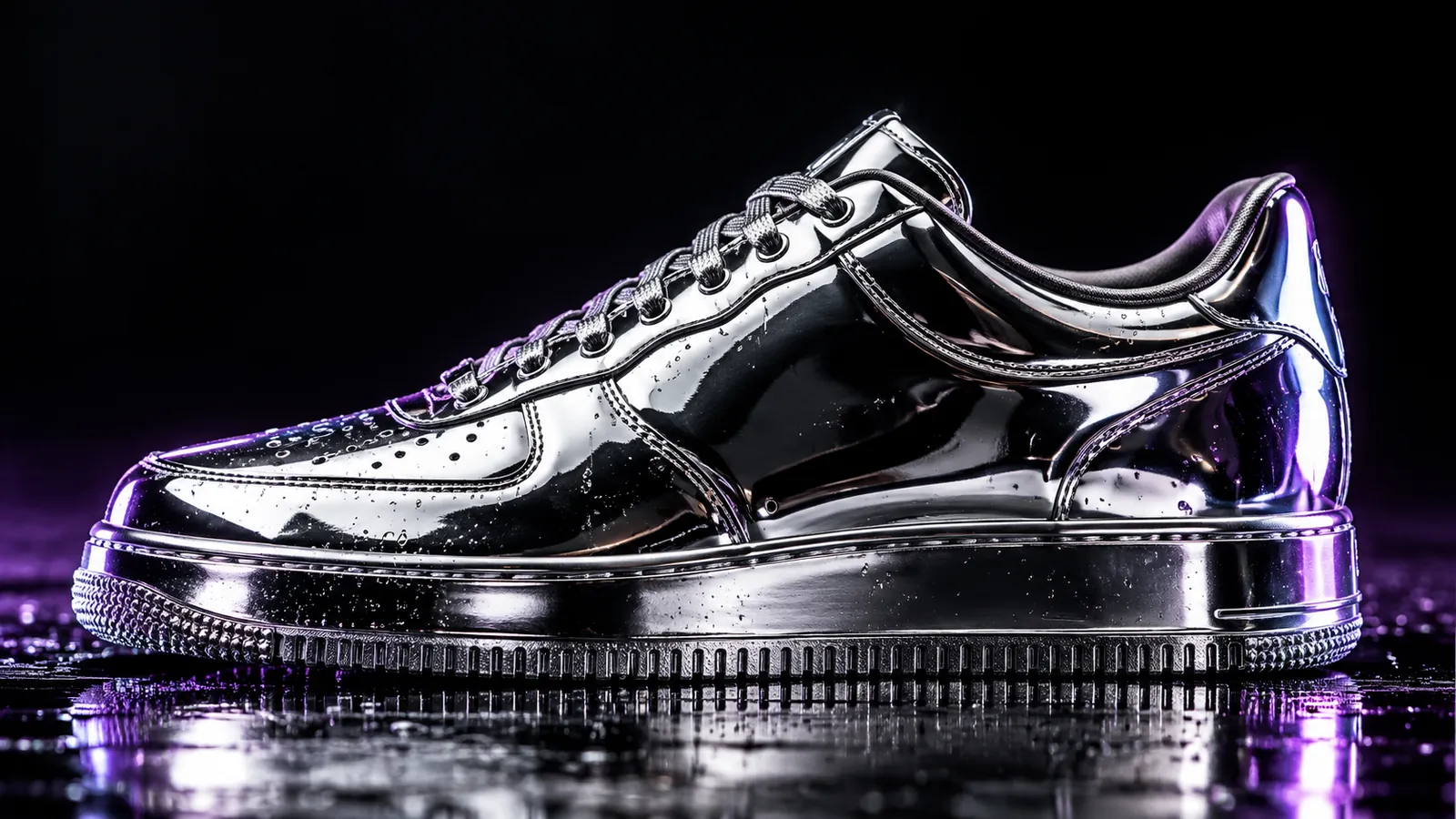 A low-top trainer rendered in mirror-polished liquid chrome