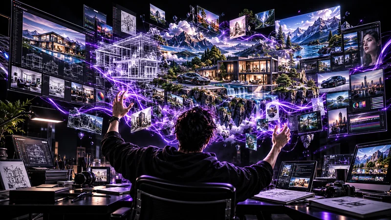 A designer at a desk directing a wall of floating imagery, architecture, landscape and portrait frames threaded together by violet light