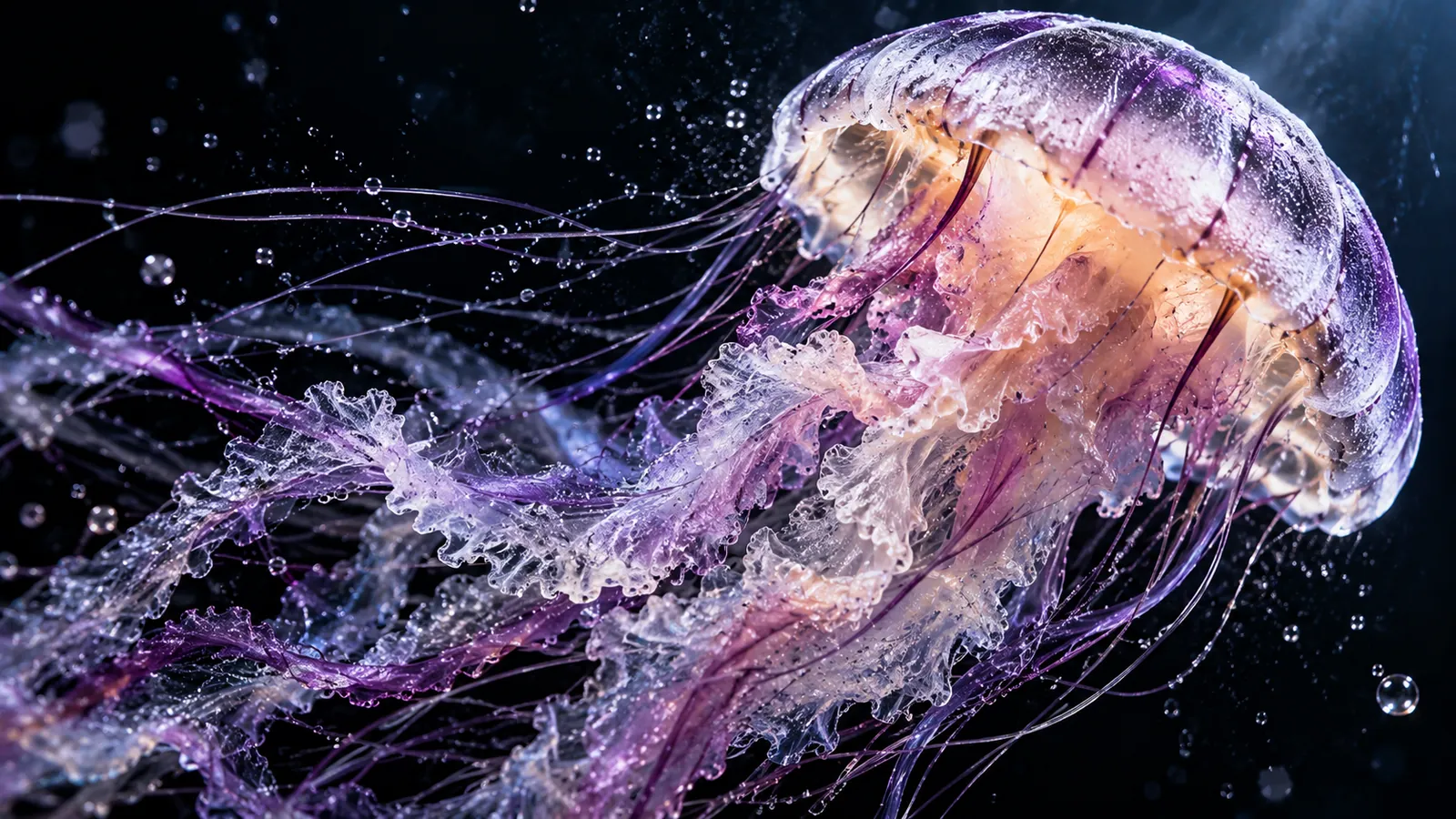 A jellyfish lit from within, trailing tendrils through dark water