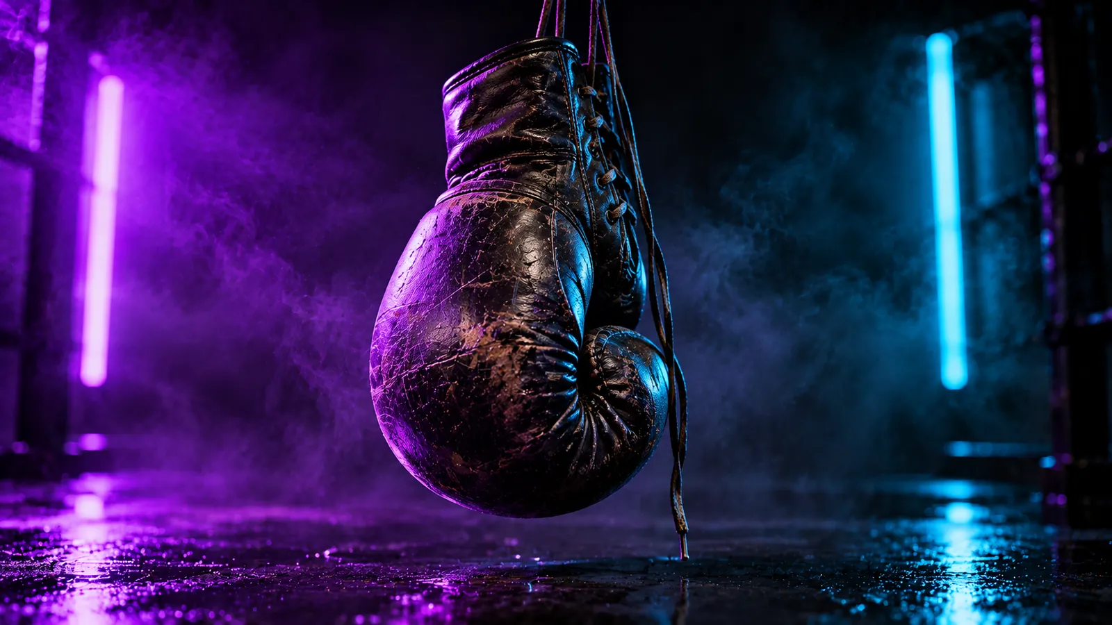 Worn leather boxing gloves hanging in neon haze