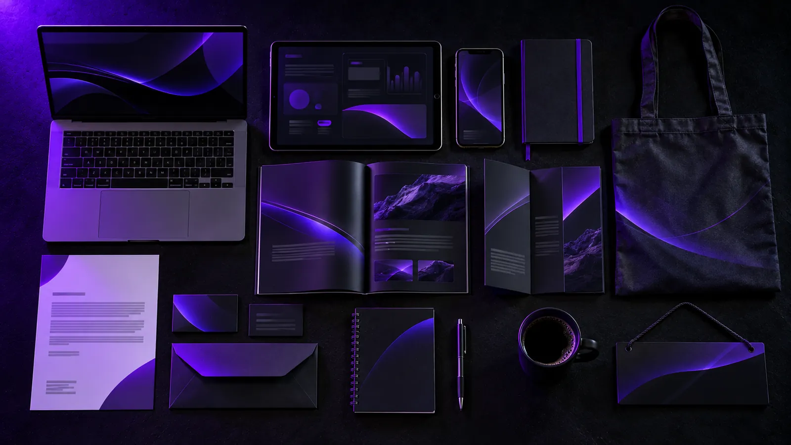 A full brand toolkit laid out flat: laptop, tablet, phone, brochure, stationery, tote bag and signage, all in purple and black