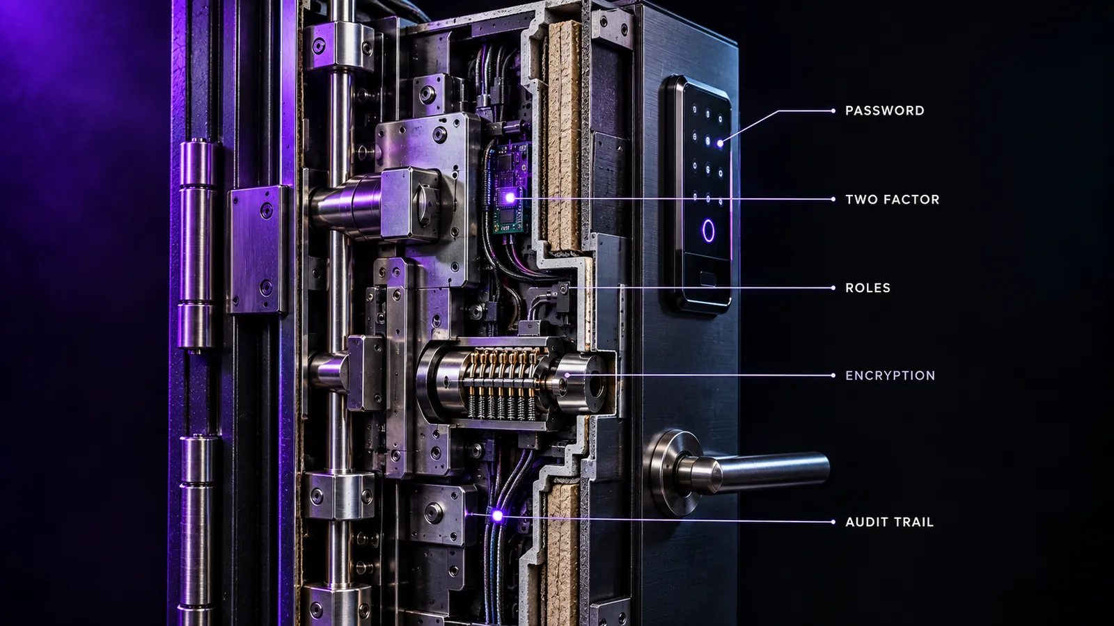 A security door and its lock mechanism shown in cross section with five security layers labelled