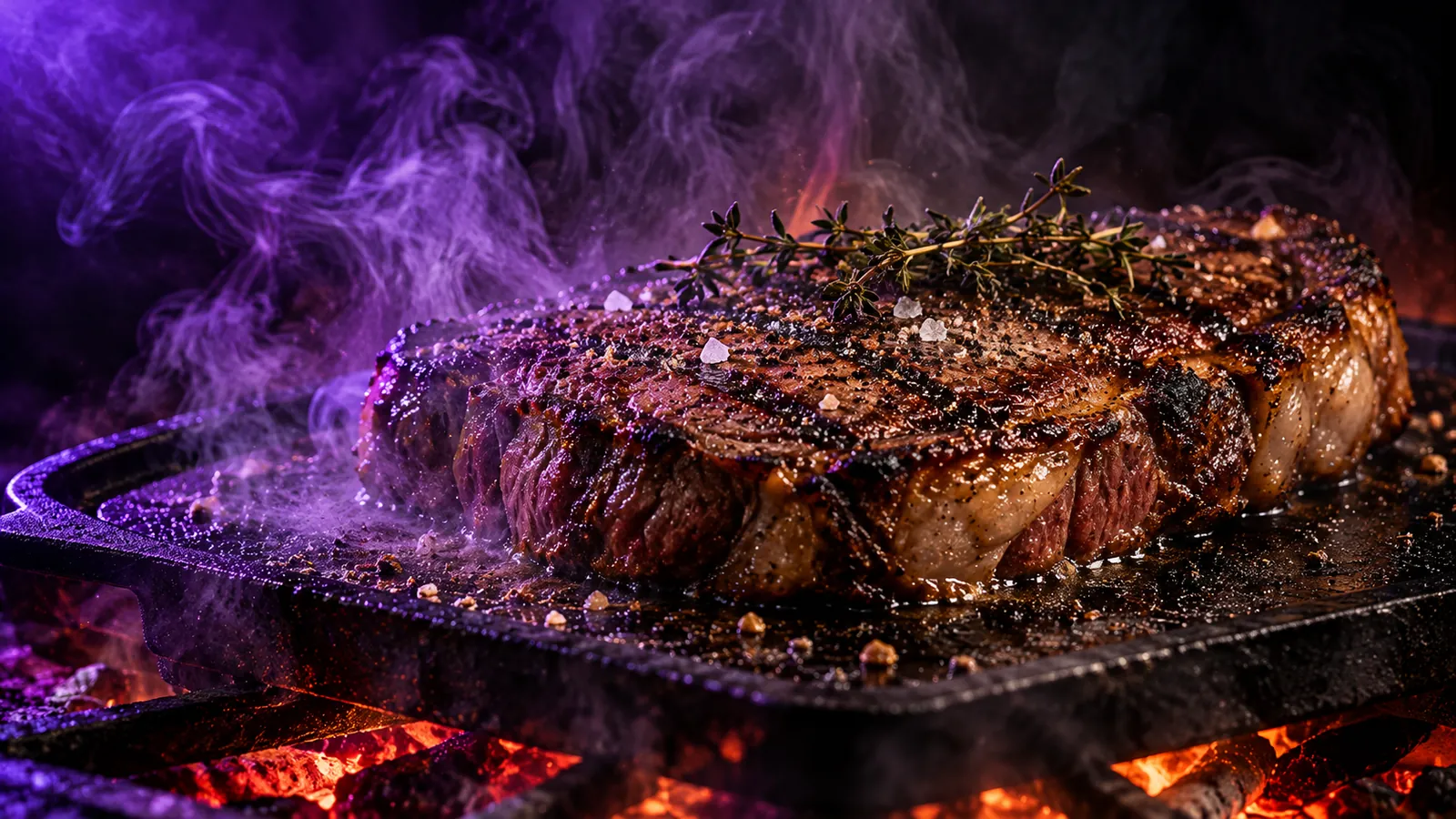 A thick cut steak on a cast iron griddle in purple smoke