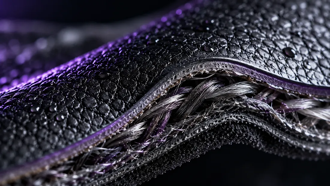 Macro of black leather cut open along a curve, a braid of silver and violet threads running through the cut edge